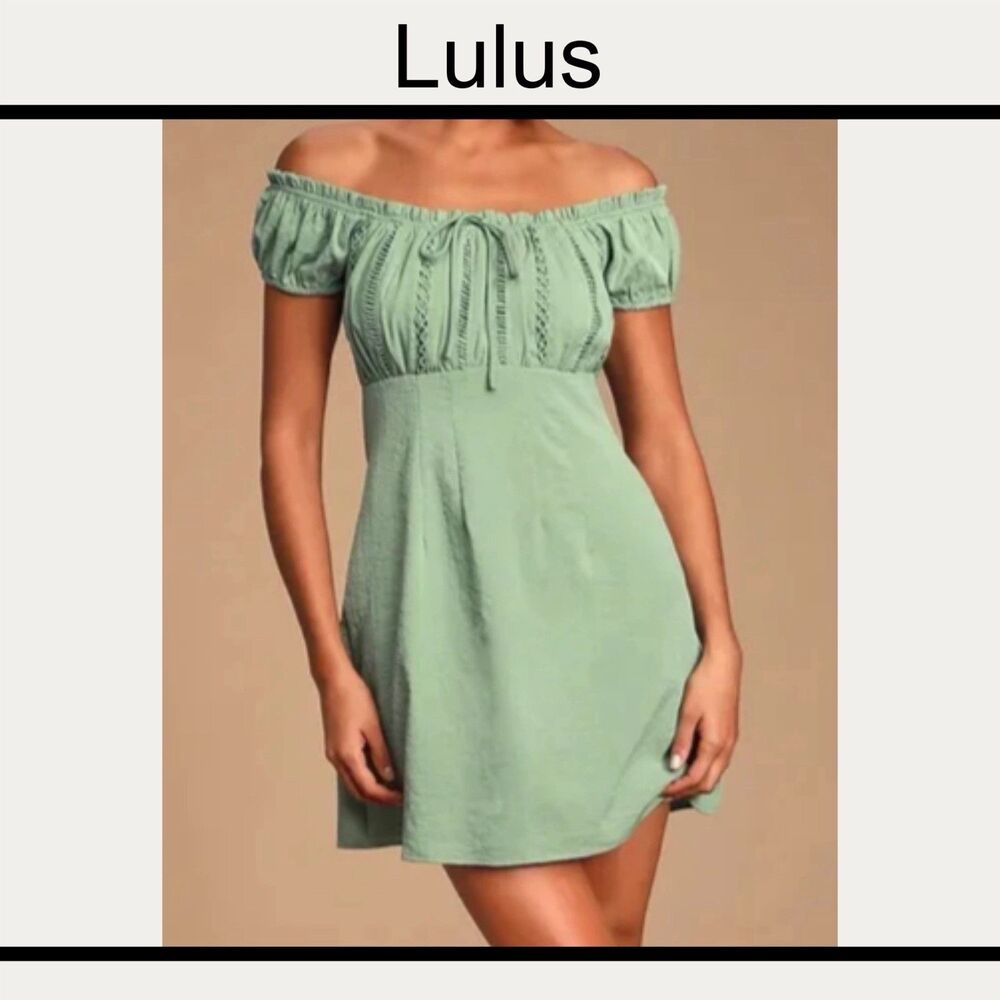 Lulus Wisteria Off Shoulder Mini Dress Sage Green Women’s Medium - Picture 1 of 8